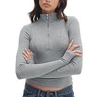 Tankaneo Women's Long Sleeve Crop T-Shirts Half Zip Mock Neck Cropped Sweatshirts Casual Slim Fit Solid Tops