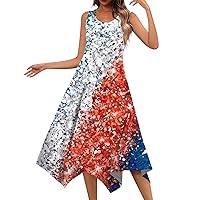 HTHLVMD 4th of July Dress Women 2024 Sleeveless American Flag USA Patriotic Plus Size Summer Midi Dresses with Pockets