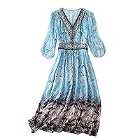 Women Dress Silk Floral Printed V Neck Half Sleeve Elastic Back Waist Blue Everyday Midi Skirt 2798