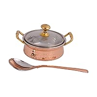 Shiv Shakti Arts® Handmade Steel Copper Hammered Design Handi/Casserole with Spoon Toughened Glass Lid and Brass Knob with Handles (Volume-400 ml- 2 Piece)