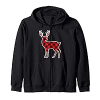 Merry Christmas Deer Reindeer Buffalo Plaid Country Gift Zip Hoodie