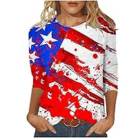 Womens Patriotic 3/4 Sleeve Shirt 4Th of July Independence Day Crewneck Cute American Flag Graphic Festival Top