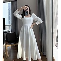 NA Spring New Dress Women's Long Sleeved French Retro Square Collar Waist Slim Bottomed Long Skirt M White