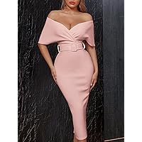 Summer Dresses for Women 2023 Surplice Neck Off Shoulder Backless Front Buckle Belted Cocktail Party Dress (Color : Baby Pink, Size : Small)