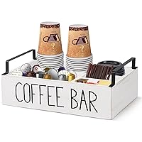 Coffee Station Organizer, Wooden Coffee Bar Accessories Organizer for Countertop, Farmhouse K Cup Coffee Pod Holder with Handle, Rustic Retro Storage Bin for Coffee Tea Bag (White)