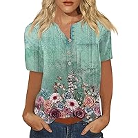 2024 Summer Short Sleeve for Women V Neck Button Down Flora Print Tops Fashion Casual Holiday T Shirts with Pocket