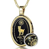 Aries Necklace Zodiac Pendant for Birthdays 21st March to 19th April with Star Sign Constellation and Personality Characteristics Inscribed in 24k Gold on Oval Black Onyx Gemstone, 18