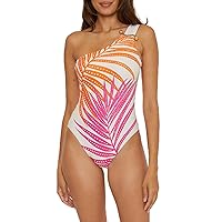 Trina Turk Women's Standard Sheer Maillot Piece Swimsuit, One Shoulder, Tropical Palm Leaf Print, Bathing Suits