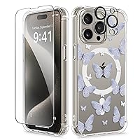 GVIEWIN Magnetic for iPhone 15 Pro Max Case with Screen Protector + Camera Protector, [Compatible with MagSafe] [10FT Drop Protection] Clear Floral Phone Cover Women for 15 ProMax (Bitty Butterfly)