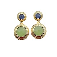 Round Shape Blue Chalcedony & Chrysoprase Hydro Designer Gold Plated Handmade Brass Gemstone Drop Earrings Jewelry