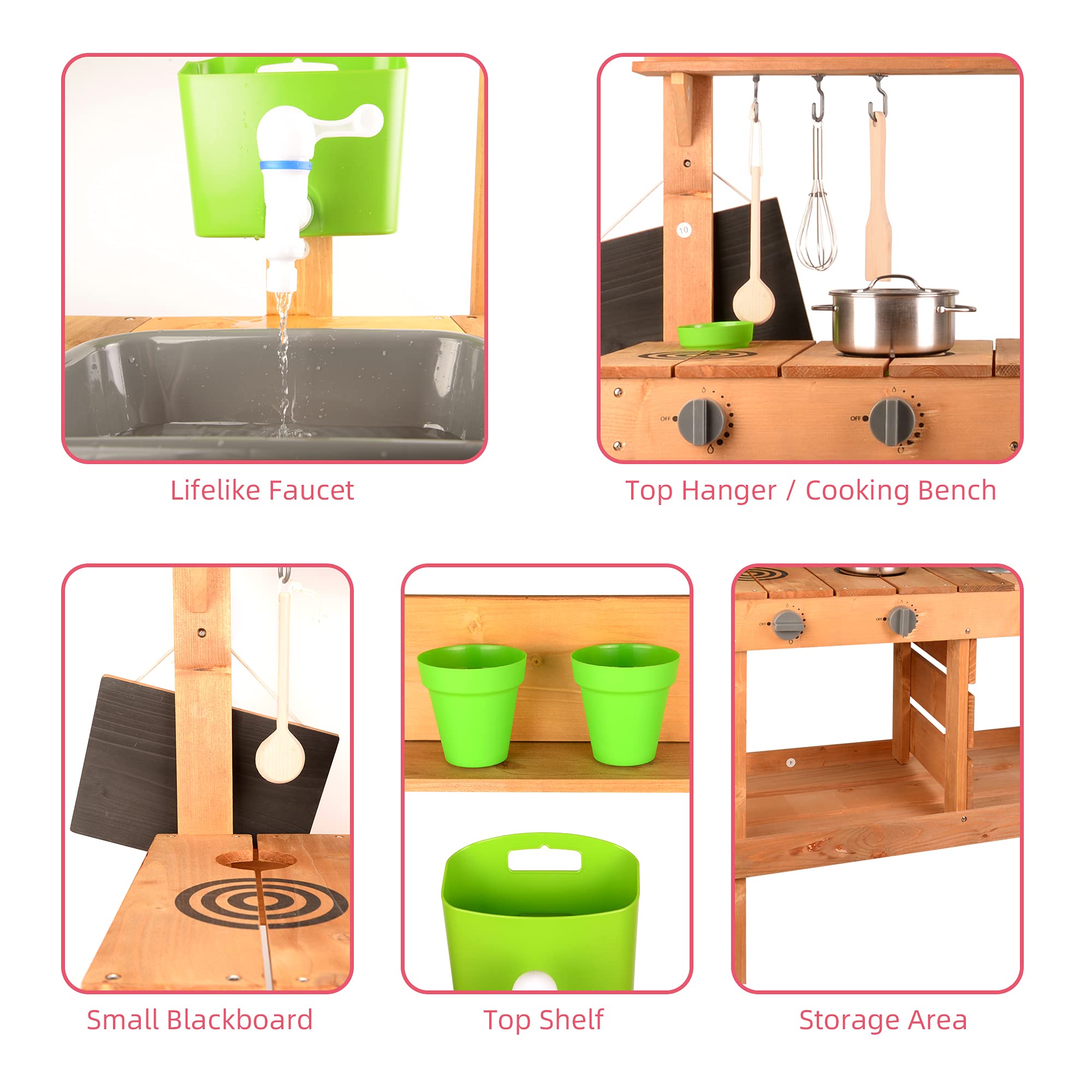Wooden Kitchen, Kitchen Accessories and Garden Sink, Backyard Pretend Play for Toddlers,Kids Outdoor Upright Kitchen Playset with Faucet, 32.3 x 16.9 x 38 inches, Wood Color