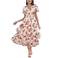 GRACE KARIN Women's 2024 Floral Summer Long Midi Dress V Neck Short Sleeve Ruffle Tiered Layered Boho Swing Dresses