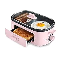 GreenLife 3-in-1 Breakfast Maker Station, Healthy Ceramic Nonstick Dual Griddles for Eggs Meat Sausage Bacon Pancakes and Breakfast Sandwiches, 2 Slice Toast Drawer, Easy-to-use Timer, Pink