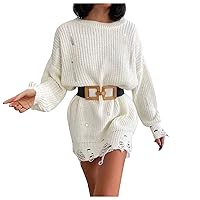 2024 for Women Women's Fashion Sweater Short Dress Oversized Long Sleeve Tunic Jumper Dress Solid Ripped Hem Knit Tunic Dresses Camisa De Luces De White