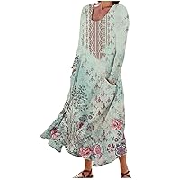 Women Casual Loose Bohemian Floral Dresses with Pockets 2023 Fashion Soft Long Sleeve Crewneck Fall Flowy Maxi Dress