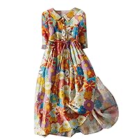 Spring Wedding Guest Dress,Womens Casual Loose Fitting Long Sleeved Floral Lapel Shirt with Tie Up Long Skirt