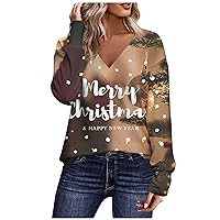 Women's Fall Clothes Casual Fashion Christmas Printed V-Neck Long Sleeve Button Down T Shirt Top, S-3XL