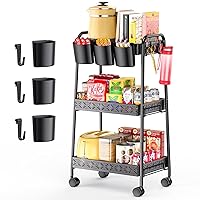 3-Tier Rolling Cart, Metal Utility Cart with Lockable Wheels and Simple Mesh Shelves, Storage Organizer for Kitchen, Bathroom, Bedroom, Office, Study Room, Black