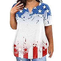 Plus Size Tops for Women 4th of July Print Vintage Fashion Loose Fit with Short Sleeve V Neck Patriotic Shirts