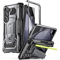 Poetic Spartan Case for Galaxy Z Fold 5, [Hinge Protection][Kickstand][Compatible with Fold 3/4 and 5 S Pen] Full-Body Protective Rugged Cover with Pencil Holder, Screen Protector, Metallic Gun Metal
