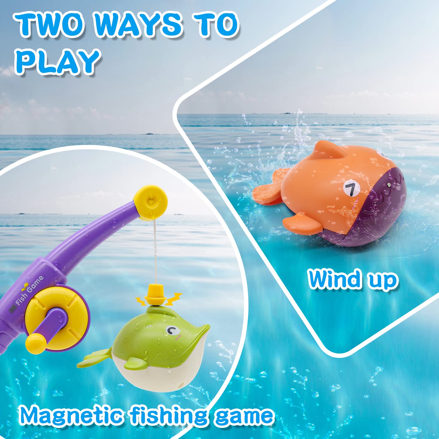 Bath Toys for Toddlers 1-3, Magnet Fishing Game Bath Baby Toy for 2-5 Year Old Boys Girls Bathtub Toy Gifts for Kid, 2 Wind Up Fish Water Toys&1 Fishing Pole