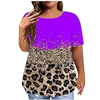 Plus Size Women Fashion Leopard Tunic Tops Summer Short Sleeve Crewneck Casual Loose Fit Tee Blouses for Going Out