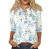 3/4 Length Sleeve Womens Tops Button Crew Neck Printing Shirts 2024 Summer Plus Sized Loose Fit Holiday Blouse