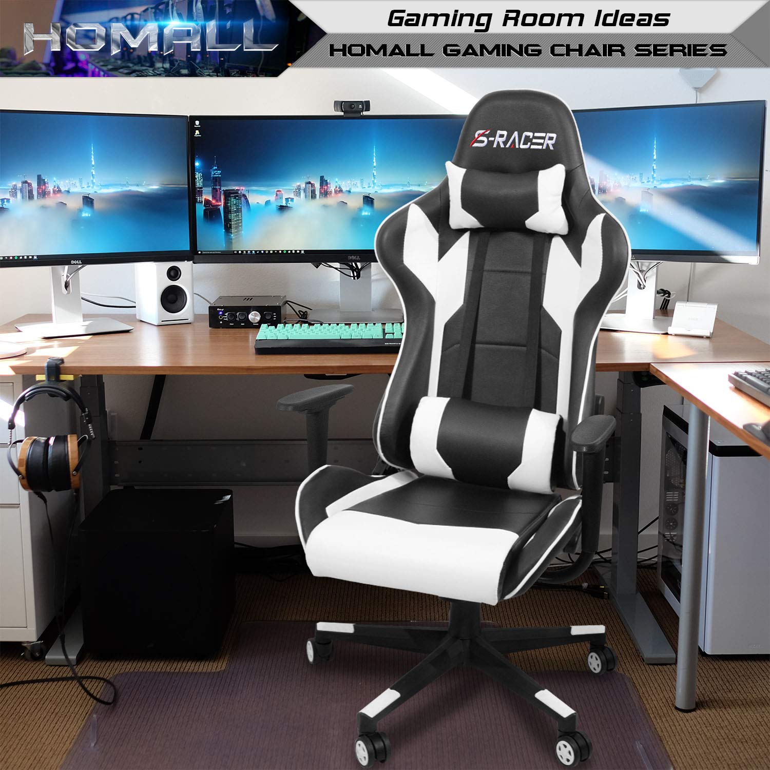Homall Gaming Chair, Office Chair High Back Computer Chair Leather Desk Chair Racing Executive Ergonomic Adjustable Swivel Task Chair with Headrest and Lumbar Support (White)