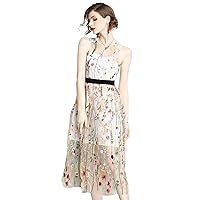 Women's Summer Sleeveless Floral Embroidered Mesh Casual A Line Beach Midi Dress