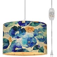 Plug in Pendant Light Watercolor Citrus Orange Blooming Flowers Leaves Classic Blue Indigo Hanging Lamp with Plug in Cord 16.4 ft Fabric Shade Dimmable Hanging Light for Living Room Kitchen Bedroom