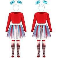 6 Pcs Costume Set for Kids, Include Tulle Tutu Skirt Striped Knee Long Socks Shirt Blue Headband