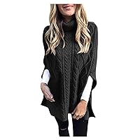 Fall Women Turtleneck Poncho Sweaters Trendy Side Split Chunky Cable Knit Pullover Oversized Shawl Casual Cape Tops