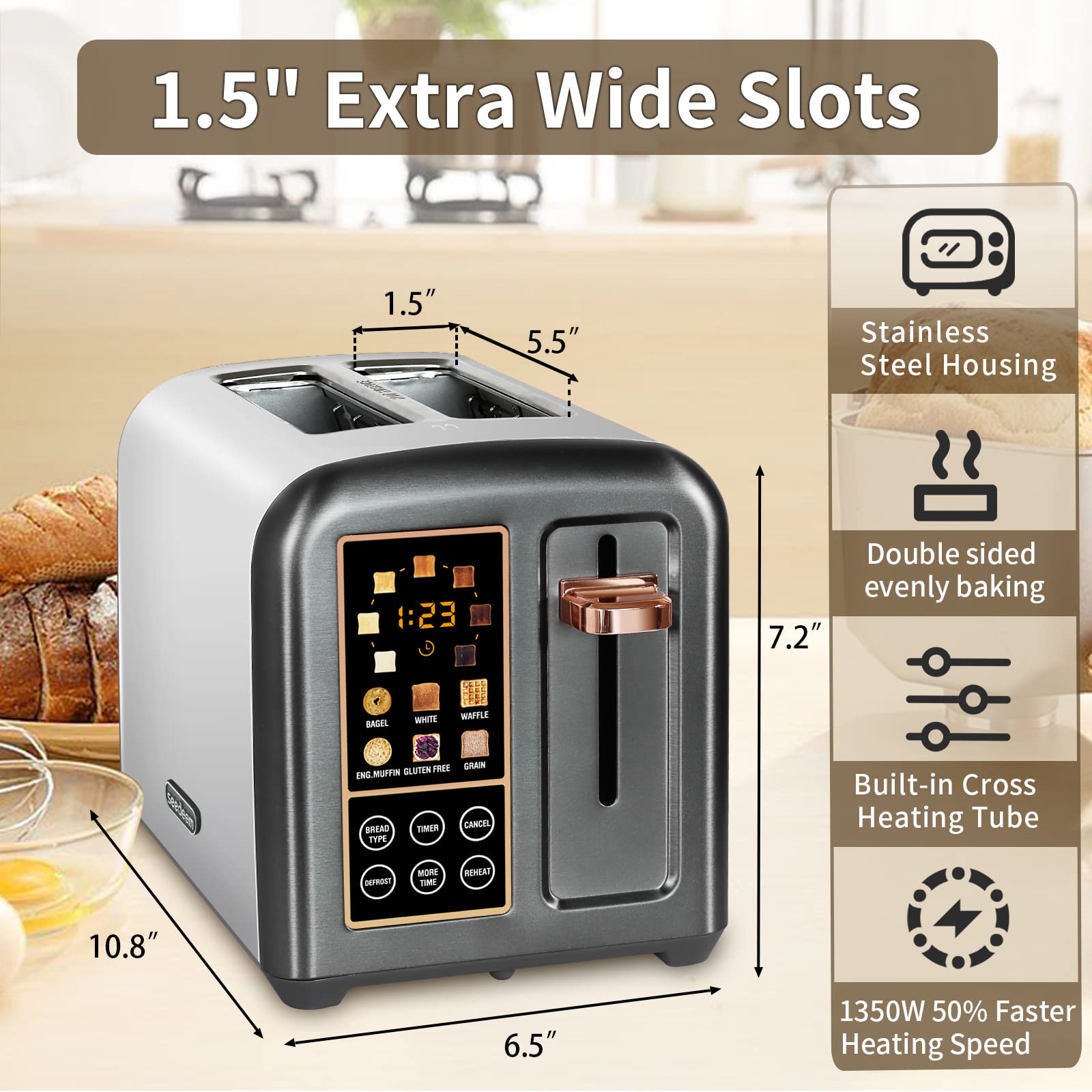 SEEDEEM Toaster 2 Slice, Stainless Steel Bread Toaster with LCD Display and Touch Buttons, 50% Faster Heating Speed, 6 Bread Selection, 7 Shade Settings, 1.5''Wide Slots Toaster with Cancel/Defrost/Reheat Functions, Removable Crumb Tray, 1350W, Dark Metal