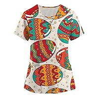 Ladies Short Sleeve Tee Women's Tshirt Easter Print Tops Fashion Drawstring Summer Dressy Blouse V-Neck Casual Shirt