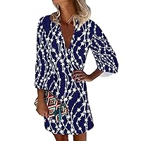 Women's 4th of July Outfits Patriotic Dress for Women Sexy Casual Vintage Print with 3/4 Length Sleeve Deep V Neck Independence Day Dresses Dark Blue 3X-Large