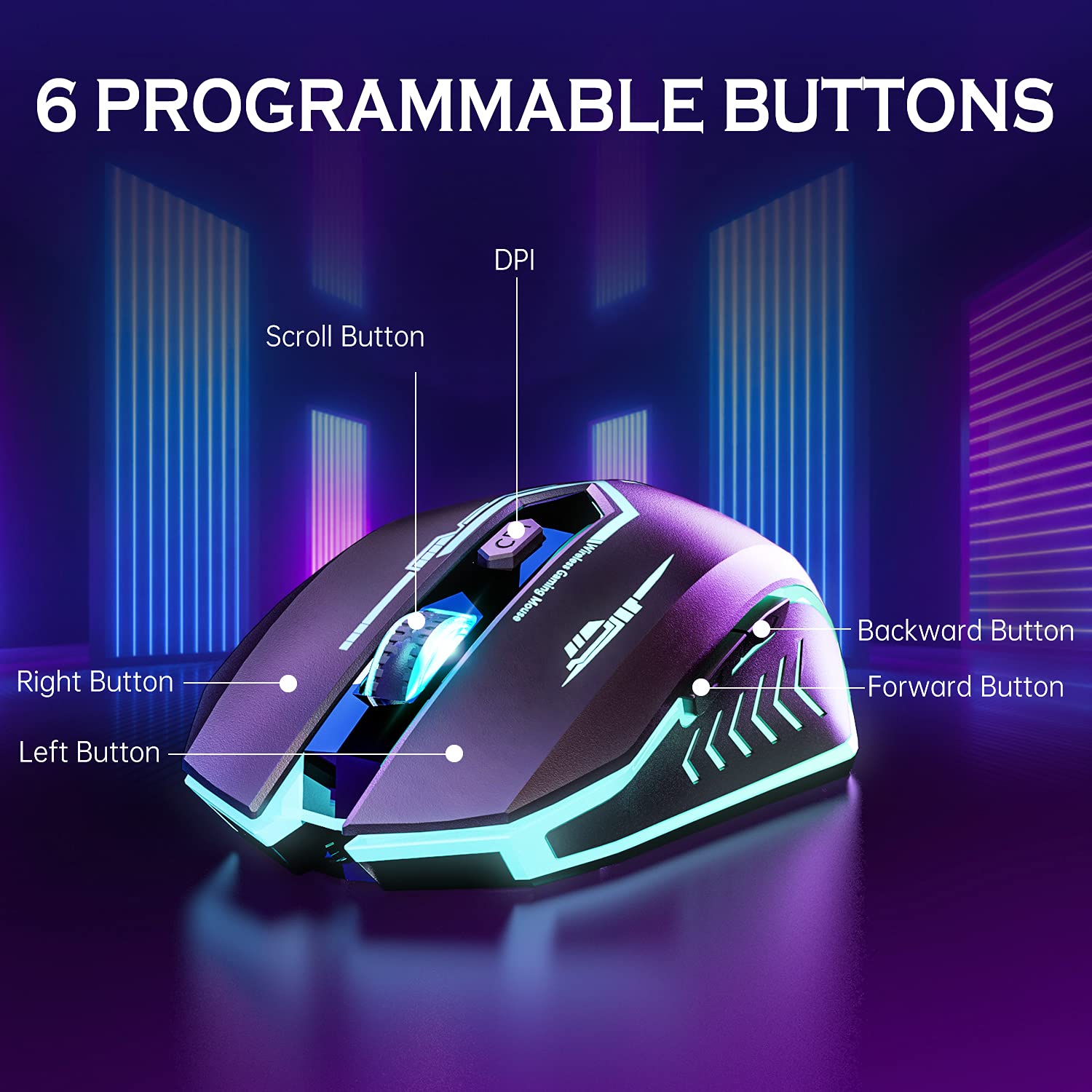 UHURU Wireless Gaming Mouse Up to 10000 DPI, Rechargeable USB Wireless Mouse with 6 Buttons 7 Changeable LED Color Ergonomic Programmable MMO RPG for PC Laptop, Compatible with Windows Mac
