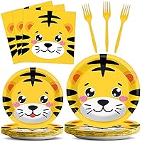 gisgfim 96 PCS Tiger Party Supplies Safari Animals Party Plates Napkins Forks Tiger Party Tableware Set Jungle Animals Dinnerware for Tiger Theme Birthday Party Supplies Baby Shower Serve 24 Guests