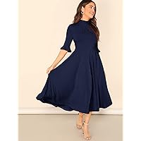 Dresses for Women Bell Sleeve Ribbed Knit Midi Dress (Color : Navy Blue, Size : X-Large)