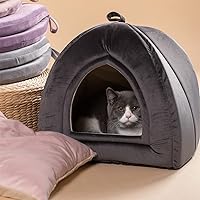 KASENTEX Cat Bed for Indoor Cats, 2-in-1 Cat House Pet Supplies for Kitten and Small Cat or Dog - Animal Cave, Cat Tent with Removable Washable Pillow Cushion (Dark Grey 15x15x15)