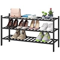 3-Tier Long Black Shoe Rack, Bamboo Wood Shoe Rack for Closet, Entryway & Hallway, Stackable | Functional | Sturdy