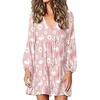 ZOCAVIA Plus Size Easter Dress for Women 2024 Trendy Long Sleeve V Neck Dresses Casual Ruffled Dress Easter Gifts for Girls