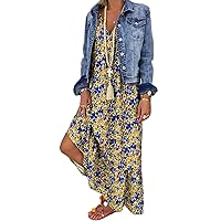 Women's Boho Floral Spaghetti Strap Long Beach Sundress Bohemian V Neck Sleeveless Maxi Dresses for Women 2024