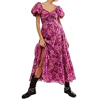 Women Floral Maxi Dress Short Puff Sleeve V Neck Bohemian Flowy Dress Smocked Casual Spring Summer Dresses
