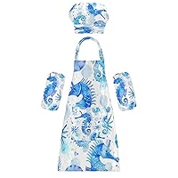 Blue Seahorse 3 Pcs Kids Apron Toddler Chef Painting Baking Gardening (with Pockets) Adjustable Artist Apron for Boys Girls-M