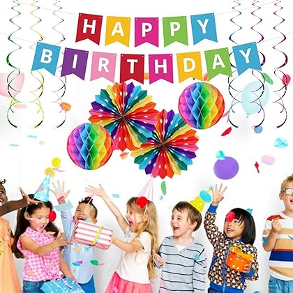 UNIIDECO Colorful Happy Birthday Decoration Kit, Including Rainbow Pom Poms, Banner, Swirls, Bday Decor For Men Women Kids Boy Girl, The Colored Office Birthday Decorations, Candy Party Supplies