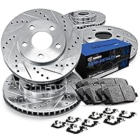 R1 Concepts Front Rear Brake Rotors Drilled and Slotted Silver with Semi Metallic Pads and Hardware Kit Compatible For 2011-2014 Porsche Cayenne