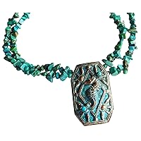 Elaine Coyne Verdigris Patina Brass Seahorse Necklace - Double Strand Genuine Turquoise