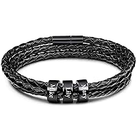 VIBOOS Personalized Bracelets Engraving 2-6 Names Custom Identification ID for Men Women Boys Genuine Leather Braided Cuff Stainless Steel Beads