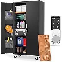 Extra-Spacious Metal Storage Cabinet with Wheels - Garage Storage Cabinet with Locking Doors, Digital Lock, Adjustable Shelf Height, Leg Levelers, Pegboard and Accessories (Black)