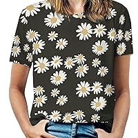 White Daisies on A Black Women's Print Shirt Summer Tops Short Sleeve Crewneck Graphic T-Shirt Blouses Tunic